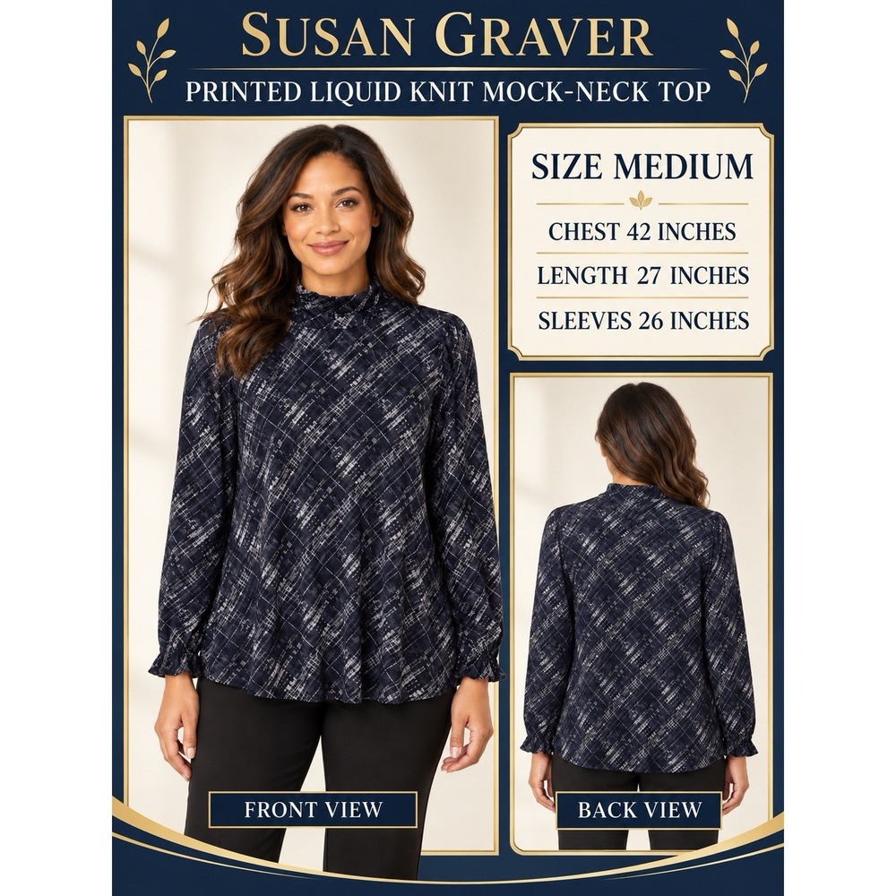 Susan Graver Women Liquid Knit A-Line Mock Neck Geometric Top Navy/White Size M